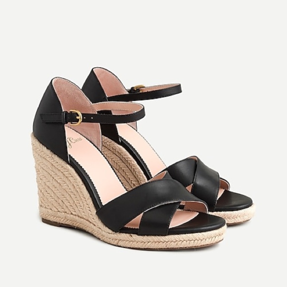 J. Crew Black Leather Jute Espadrille Wedges